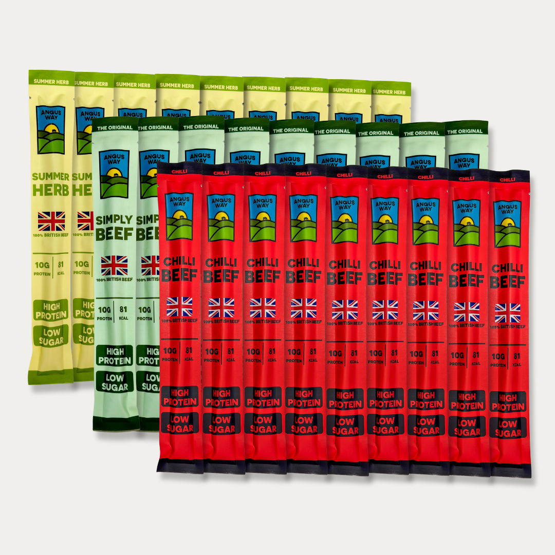 Rows of Angus Way grass-fed beef sticks from the 27 pack